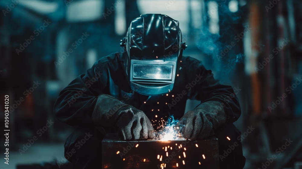 Poster a detailed view of a welder in a protective helmet and gloves, with welding sparks visible, looking 