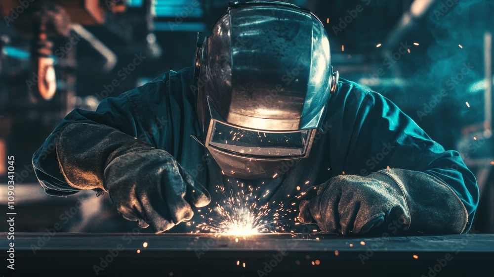 Poster a detailed view of a welder in a protective helmet and gloves, with welding sparks visible, looking 