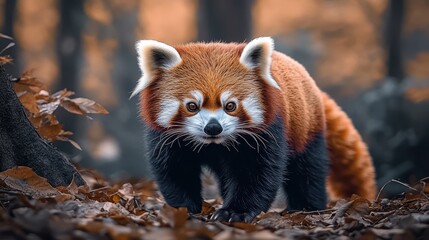 Fototapeta premium a red panda in its natural habitat, walking through an autumn forest. The warm orange tones and fallen leaves complement the red panda's vibrant fur, creating a tranquil wildlife scene. 