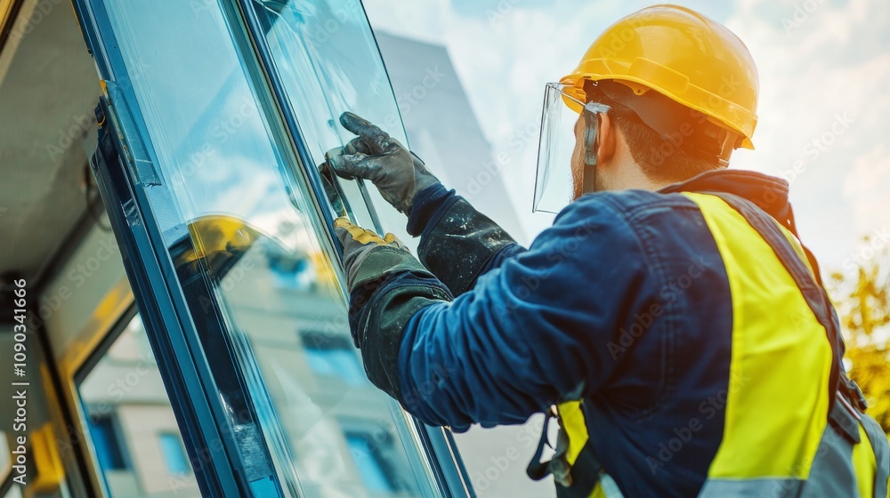 Poster a detailed view of a window installer in safety gear, fitting a large glass pane into a frame with a