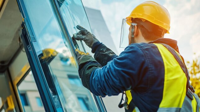 A detailed view of a window installer in safety gear, fitting a large glass pane into a frame with a building exterior in the background, Window installation scene