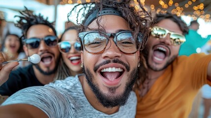 Obraz premium A lively multiracial group of young friends gathered celebrating and expressing their joy and camaraderie together The image captures the vibrant festive atmosphere of their joyful social gathering