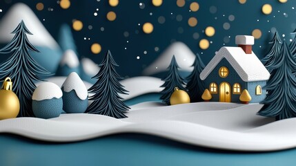 Fototapeta premium Charming snow covered cottage nestled in a winter wonderland landscape with a glowing Christmas tree twinkling fairy lights and a peaceful serene atmosphere Cozy and inviting rural holiday scene