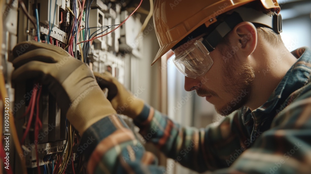 Poster a detailed view of an electrician connecting wires in a breaker panel, wearing safety gloves and gog