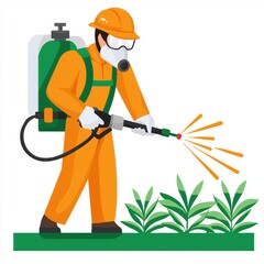 Professional Worker in Protective Gear Spraying Pesticide on Plants with Backpack Sprayer in a Cartoon Style Illustration for Agricultural Health and Safety