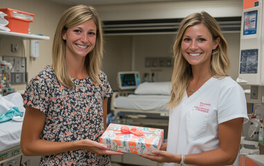 Heartfelt gratitude: Two smiling women exchange a handmade gift in a hospital setting. A moment of kindness and appreciation.