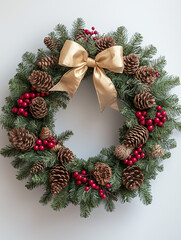 Christmas Wreath with Pinecones, Berries, and Gold Ribbon