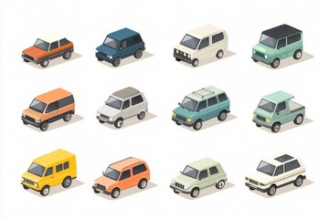 Fototapeta premium Collection of Vintage and Retro Vehicles in Isometric Style