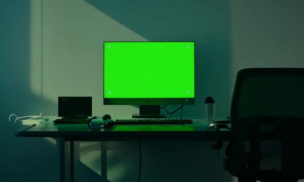 Empty office and computer monitor with green sreen on the table. Generative AI
