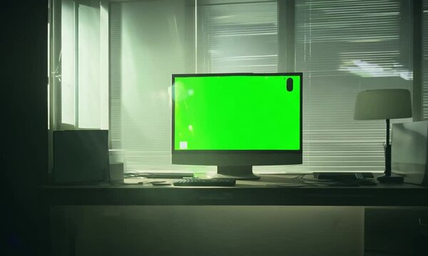 Empty office and computer monitor with green sreen on the table. Generative AI