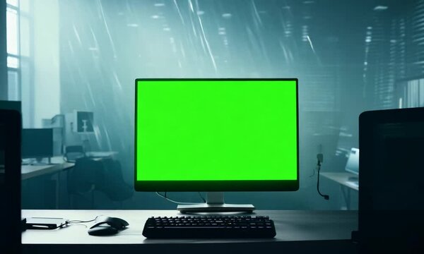 Empty office and computer monitor with green sreen on the table. Generative AI