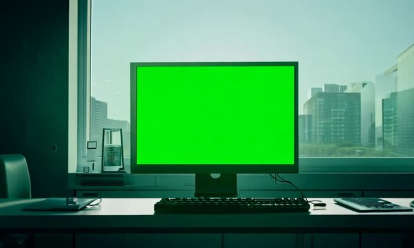 Empty office and computer monitor with green sreen on the table. Generative AI