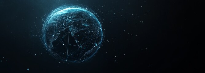 Obraz premium Abstract global network concept with a planet Earth made of glowing particles and lines on a dark blue background 