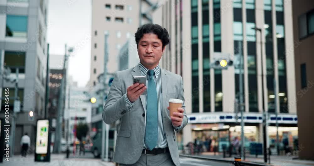Poster businessman, coffee and mobile with networking in city for research, idea and web with email. lawyer