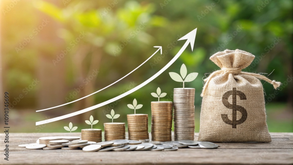 Aufkleber compound interest a visual of a pile of money increasing in size with arrows indicating the effect o