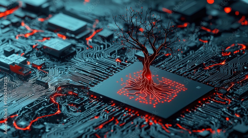 Leinwandbilder Exploring ai neural network dynamics digital workspace visual art tech environment abstract view red error codes concept