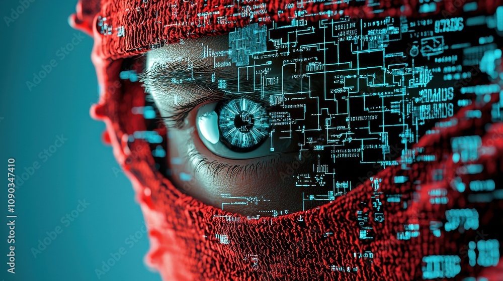 Poster Intense close-up of a hacker's face illuminated by breached ai standards in a dark environment tech-themed perspective