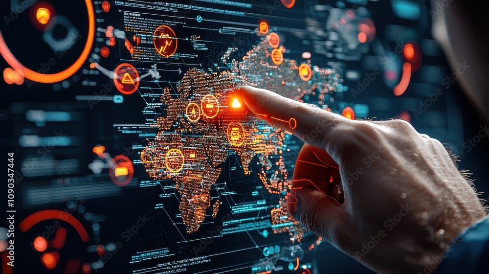 Poster Cyber attack warning overlay on futuristic ai interface global network digital content virtual environment tech perspective cybersecurity concept