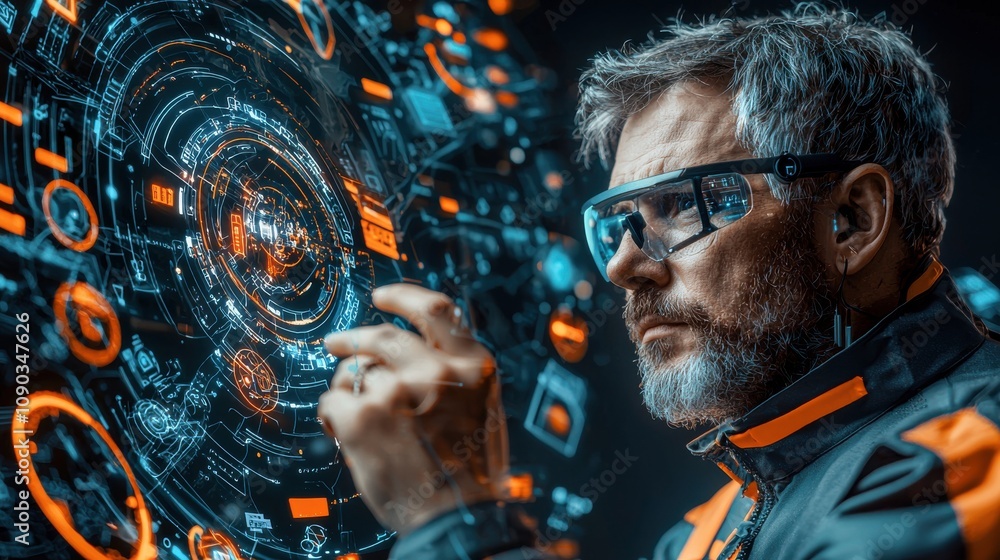 Leinwandbilder cybersecurity expert analyzes holographic ai interface in a high-tech urban environment for advanced