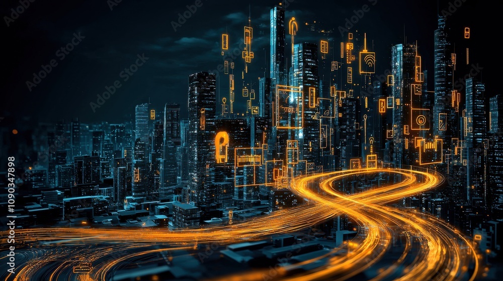 Poster Analyzing glowing data streams indicating compromised ai systems in urban environments an insight into security vulnerabilities