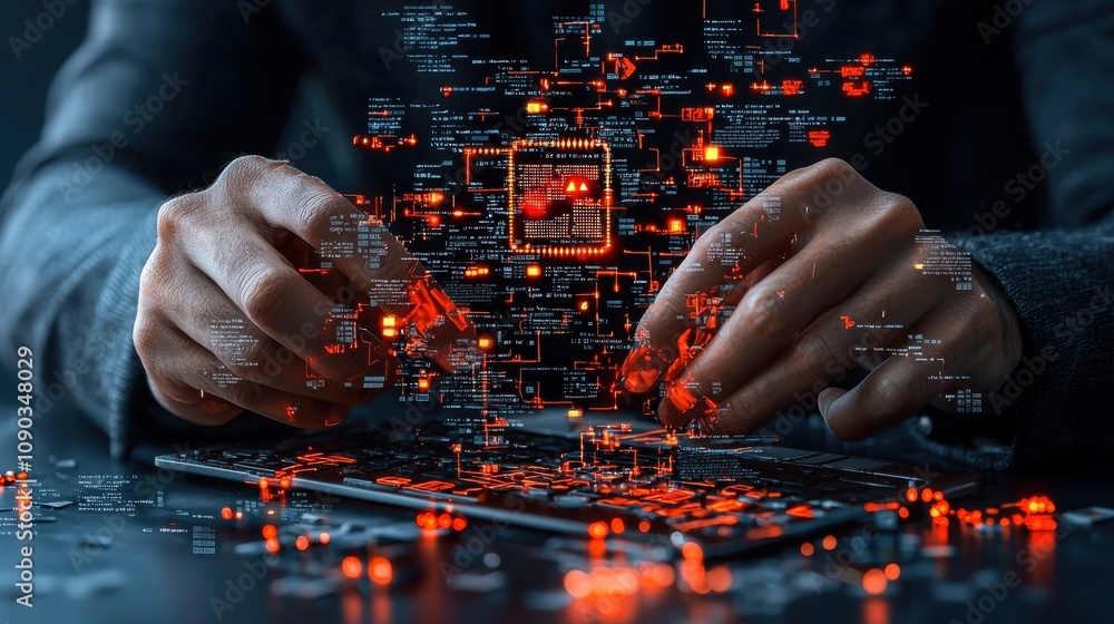 Poster Unauthorized access to breached ai database digital environment data visualization cybersecurity focus hands working with technology