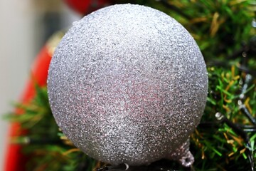 Large silver glitter ball, Christmas tree ornaments background