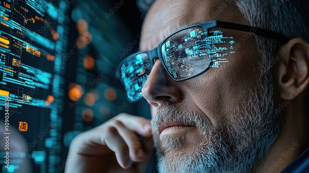 Leinwandbilder Programmer resolving corrupted ai algorithm in dark cyber environment digital fixing process tech innovations for seo impact