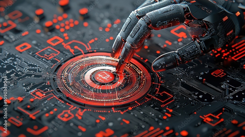Poster Red alert symbol activation on ai-driven data interface in dark environment a technological insight