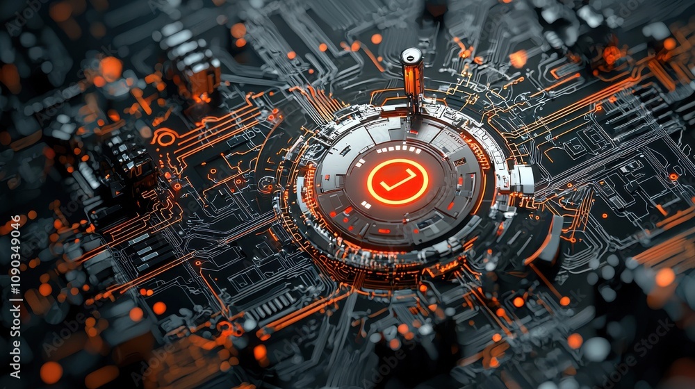 Poster Red alert symbol on ai-driven data interface dark standard environment technology concept for enhanced data monitoring