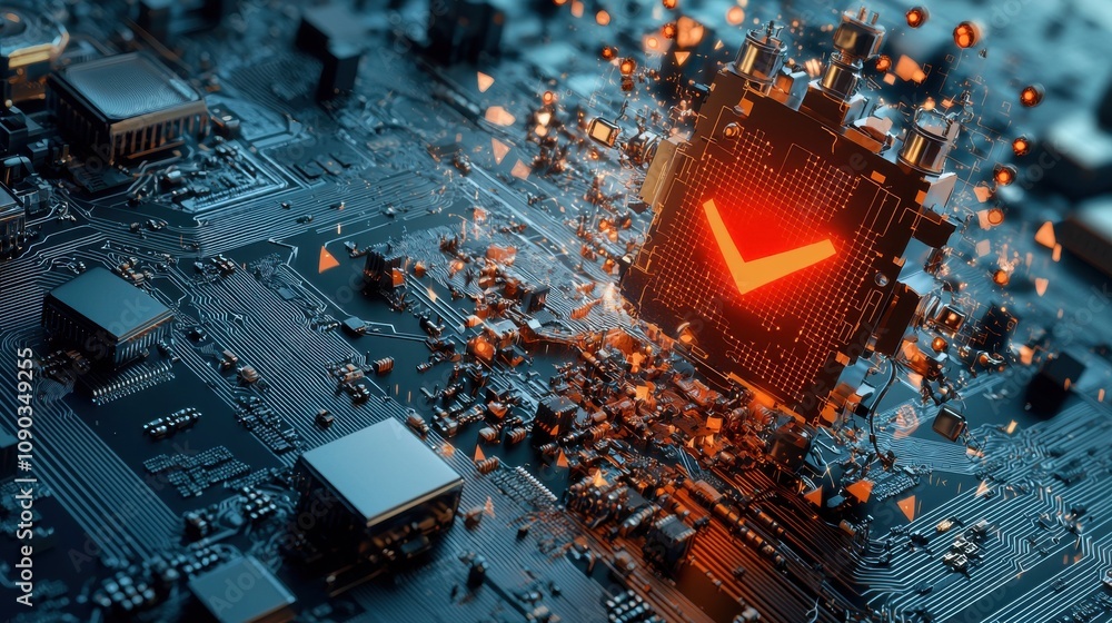 Aufkleber Red alert signal on ai-driven data interface in dark environment showcasing technology and security concepts