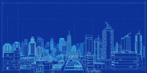 Obraz premium Architectural blueprint photo effect mockup showcasing a digitally enhanced blueprint of a modern building design, architectural, cityscape
