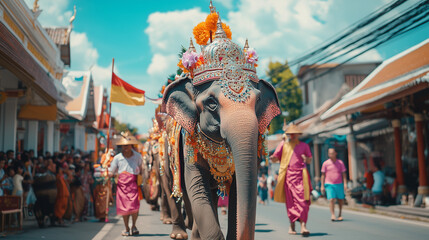Surin Elephant Festival, luxuriously decorated elephants walk in a row in the middle of the city with mahouts guiding them, Ai generated images