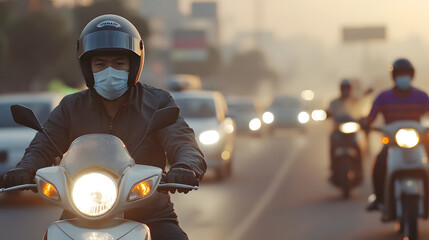 Fototapeta premium A Dynamic Morning Commute: Riders in the Fog Navigate a Bustling Urban Landscape with Determination and Grit on Their Motorcycles