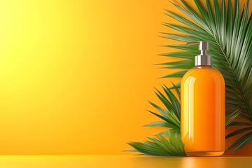  Botella dosificadora naranja brillante con hojas de palma verdes, colocada sobre un fondo amarillo intenso.
