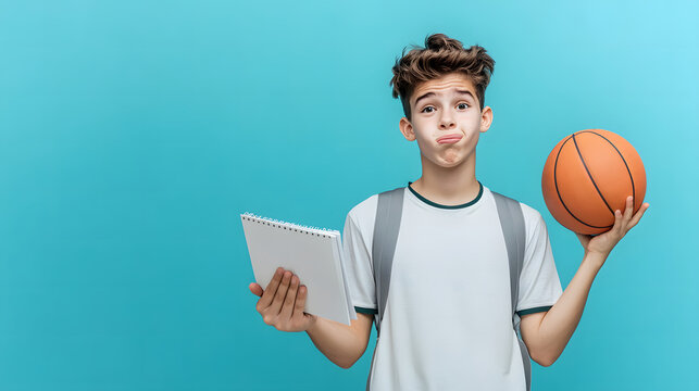 A Teenage Boy Balancing Academics and Sports with a Basketball and Notebook Against a Vibrant Turquoise Background