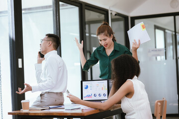 Fototapeta premium Meeting, collaborating and planning projects together in a modern office conference room. Teamwork, diversity and discussion.
