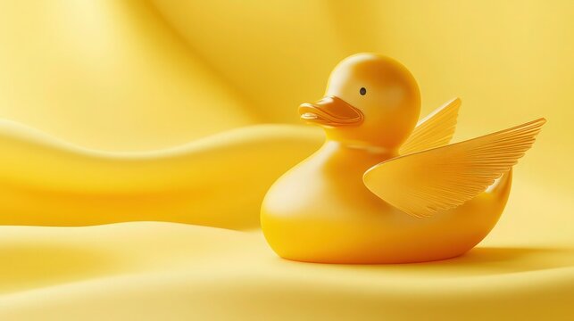 A glossy rubber duck featuring a modern number 8 wing design, resting on a smooth yellow backdrop, creating a cleminimalist look