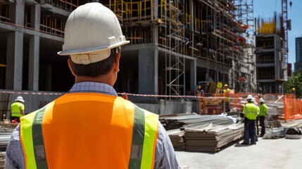 A focused image of a construction safety officer conducting a safety inspection at a construction site, Construction site safety inspection scene, Vigilant and authoritative style
