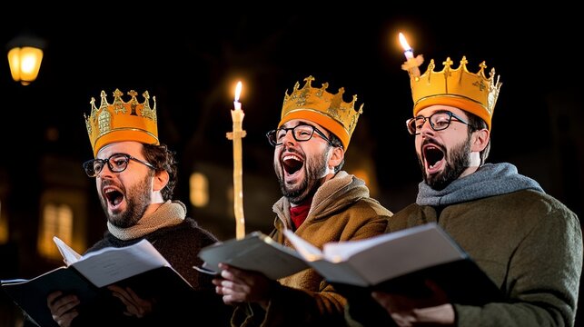  Tres hombres cantando al aire libre por la noche, usando coronas doradas y sosteniendo velas y partituras. Representa la celebraci&oacute;n del D&iacute;a de los Reyes Magos.
