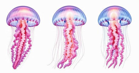 Fototapeta premium Three Vibrantly Colored Jellyfish in Motion Displaying Graceful Ocean Elegance