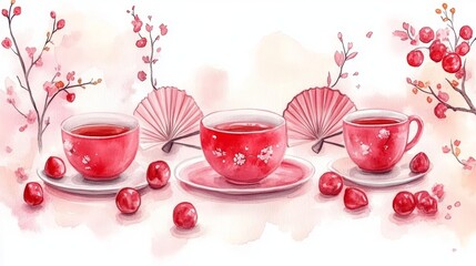 Chinese tea ritual New Year celebrates tradition with vibrant red tea sets, delicate fans, and blooming blossoms, symbolizing prosperity and joy