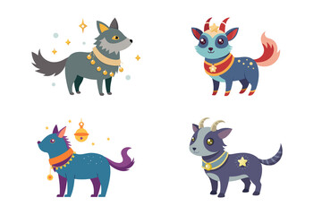 Tiny ornaments hanging from its fur, a star-shaped headpiece, and a bell collar.