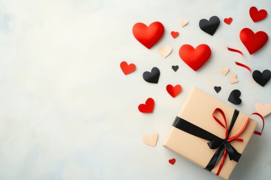  Caja de regalo envuelta con cinta negra y roja rodeada de corazones rojos y negros sobre un fondo claro. Perfecto para el D&iacute;a de San Valent&iacute;n.
