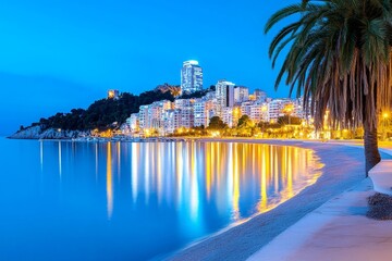 Naklejka premium Ajaccio transformed into a cyberpunk city, with neon lights reflecting off the harbor and futuristic towers overlooking the Mediterranean