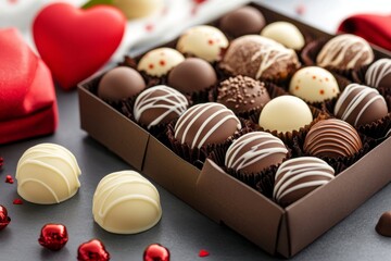 Obraz premium Caja de bombones de chocolate de diferentes tipos decorados con líneas y puntos, acompañada de corazones y decoraciones rojas. Una deliciosa opción para el Día de San Valentín. 