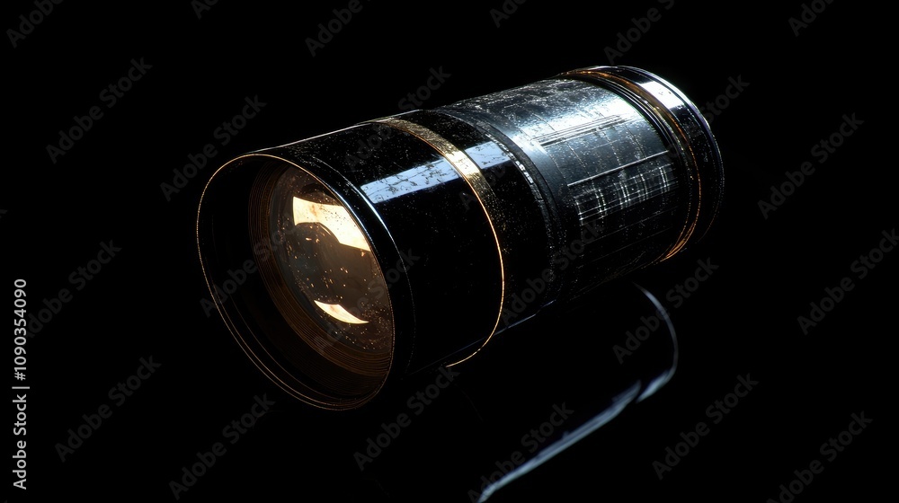 Aufkleber close-up view of a camera lens with a reflection on a dark background, highlighting the intricate de