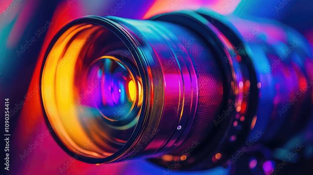 Poster vibrant close-up of a camera lens with colorful reflections highlighting optical features in a creat