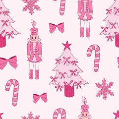 Pink Nutcracker Christmas Pattern With Candy Canes and Snowflakes