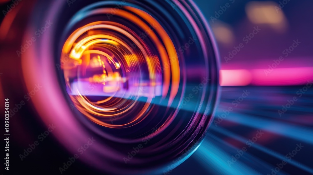 Poster captivating close-up of a camera lens with vibrant reflections and light trails creating an artistic