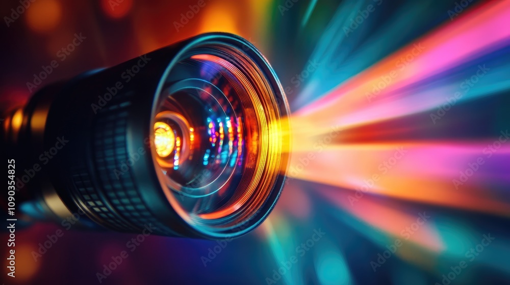 Poster vibrant light projection from a lens with colorful rays emitting in dynamic patterns against a dark 